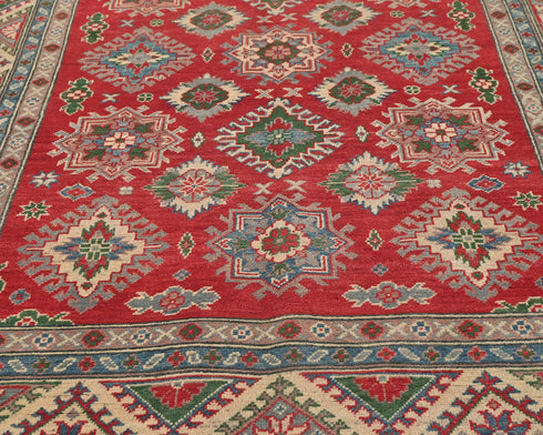 5x7 Red Kuba Afghan Hand Knotted Wool Area Rug